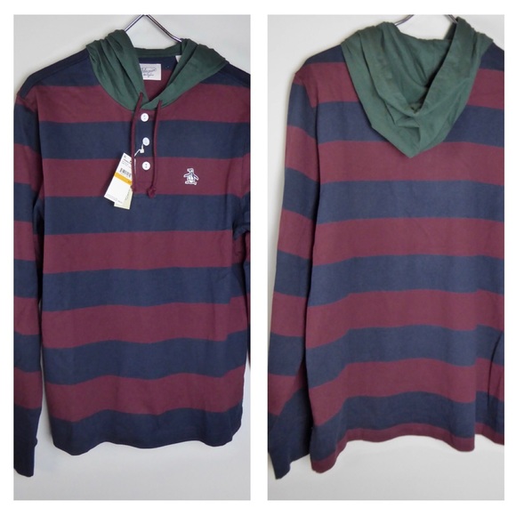 Penguin Striped Henley Hoodie Varsity Collegiate - Picture 2 of 8